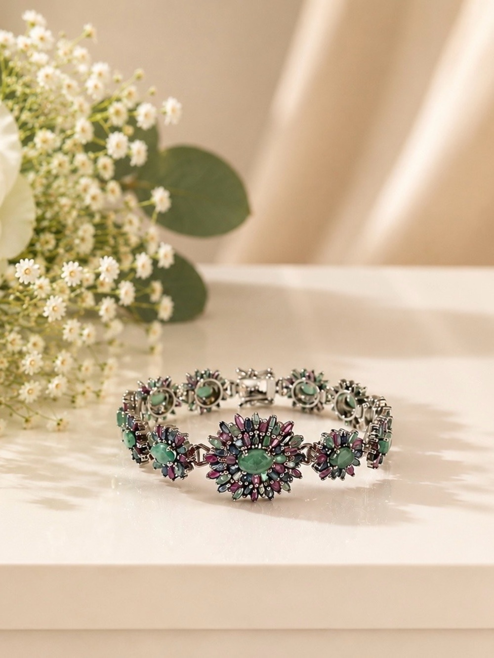 Vintage Sterling Silver Emerald Ruby and Sapphire bracelet